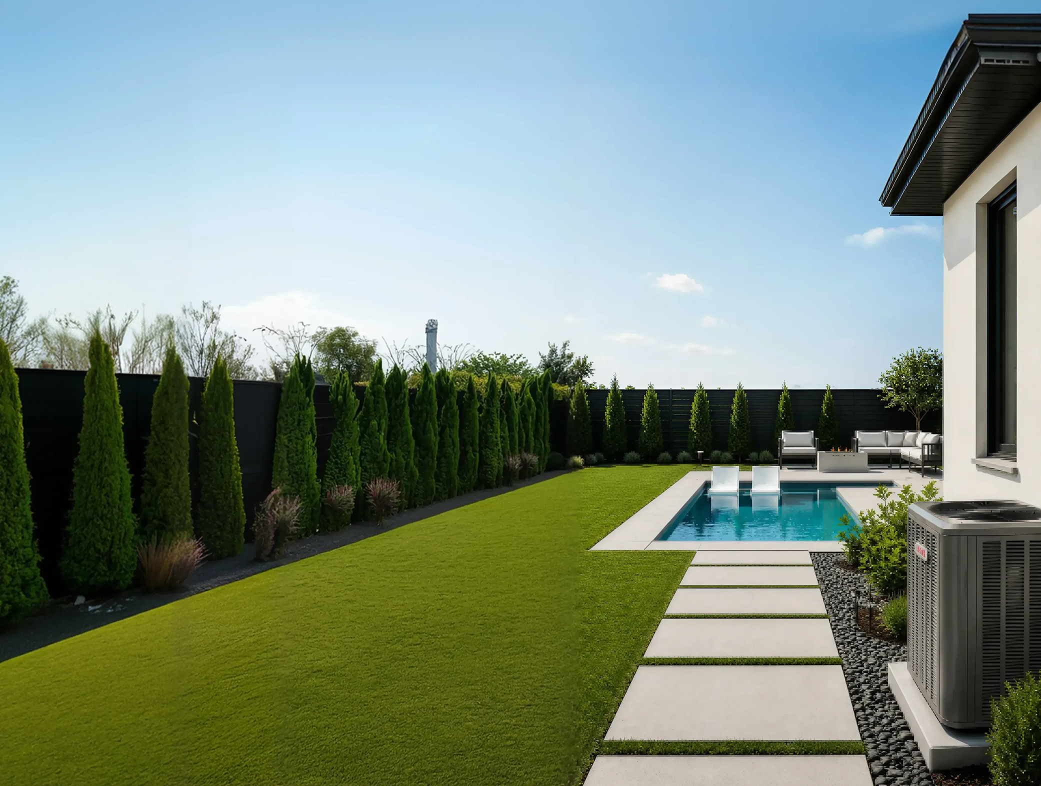 Modern home exterior with pool at dusk