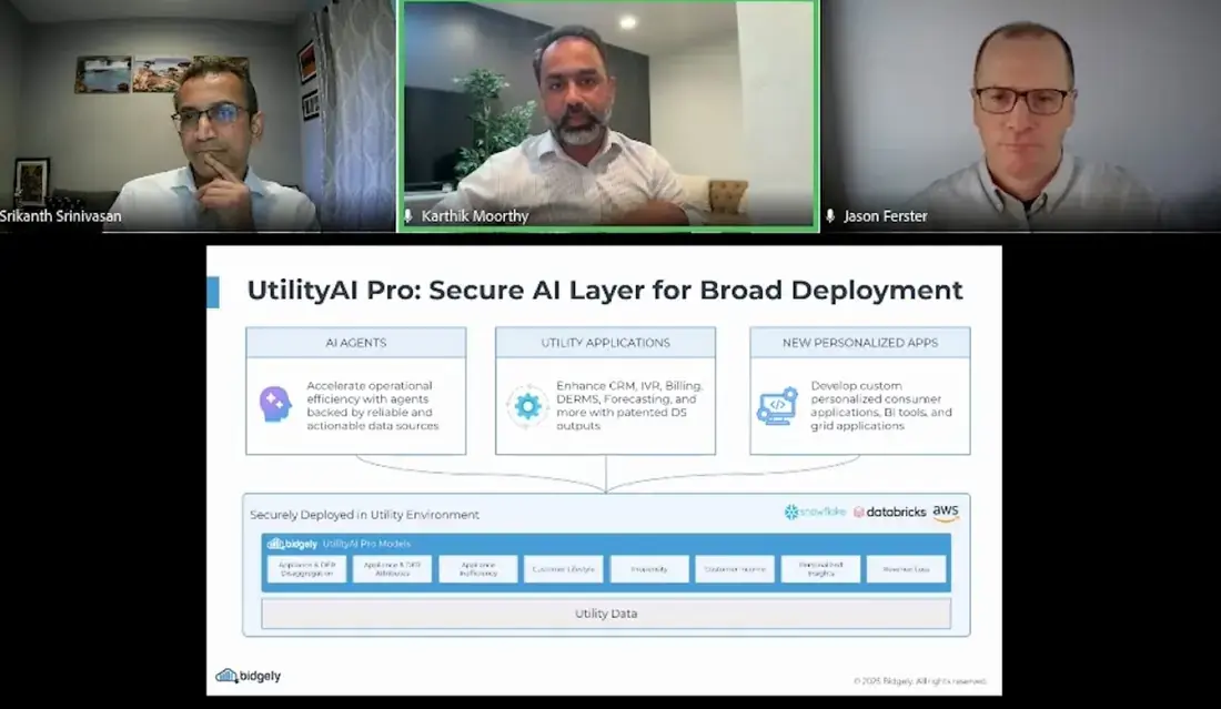 Webinar with Srikanth Srinivasan of Infosys, Karthik Moorthy of Bidgely and Jason Ferster, showing the UtilityAI Pro secure AI layer